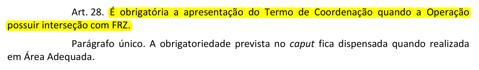 Trecho do Art. 28 da ICA 100-40 destacado, exigindo Termo de Coordenação em interseção com FRZ