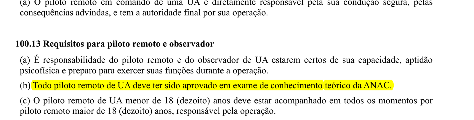 Item 100.13 do RBAC 100 com o requisito do exame teórico da ANAC destacado