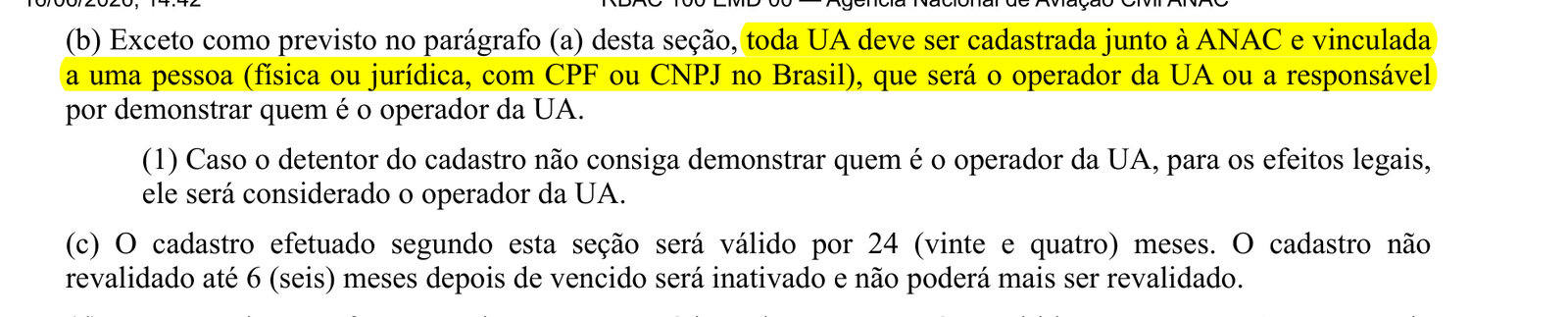 Trecho do RBAC 100 destacado, mostrando que o cadastro vincula a aeronave a um CPF ou CNPJ