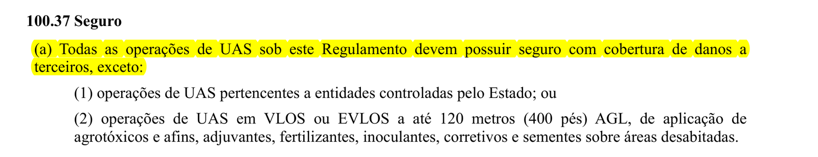 Trecho da seção 100.37 do RBAC 100 destacado, exigindo seguro de danos a terceiros