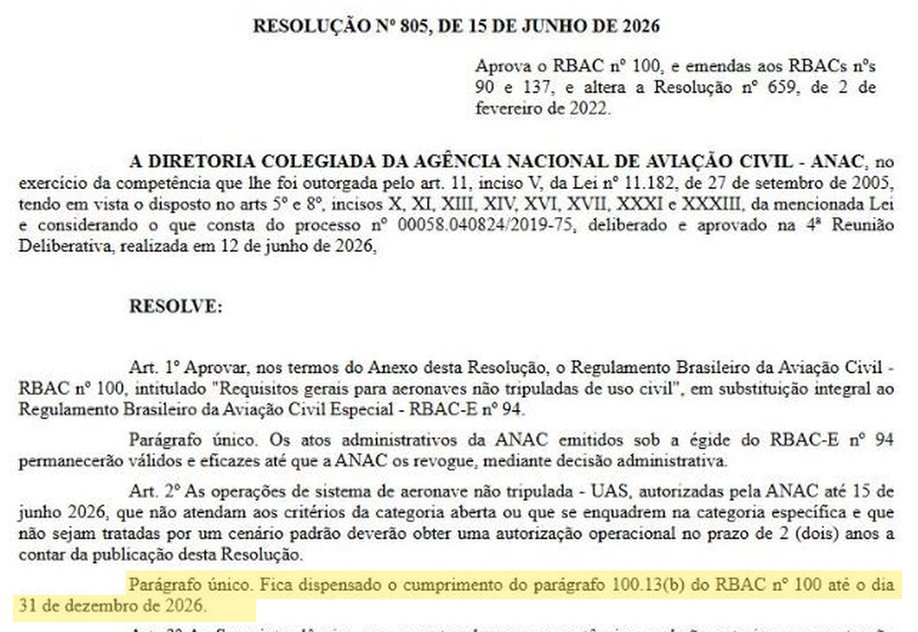 Trecho da Resolução ANAC nº 805/2026 destacado, dispensando o item 100.13(b) até 31 de dezembro de 2026