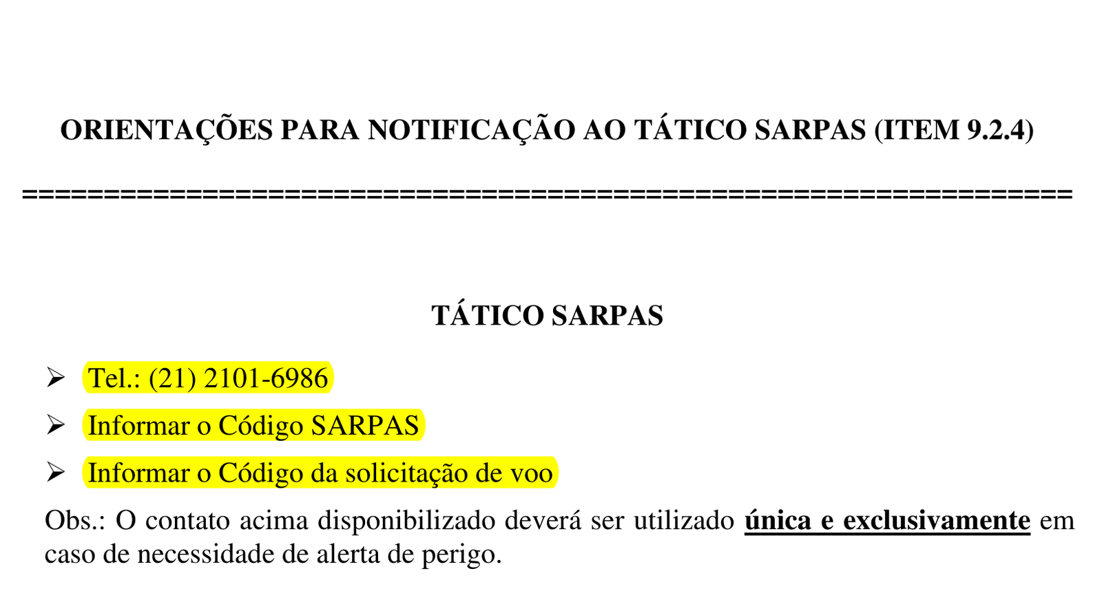 Documento oficial do DECEA com o telefone do Tático SARPAS e os códigos a informar, destacados