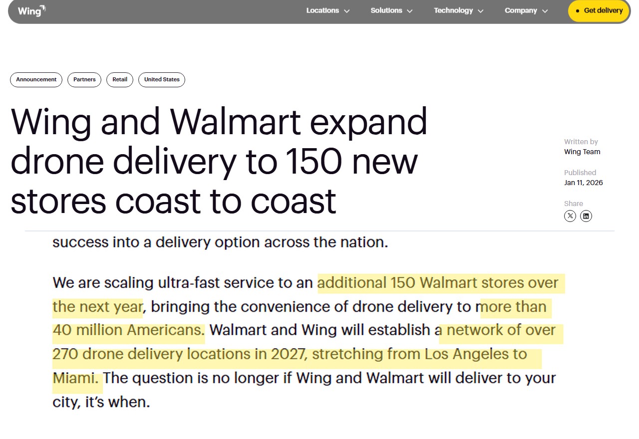 Anúncio oficial da Wing de 11 de janeiro de 2026 com as 150 novas lojas do Walmart e a rede de mais de 270 locais de entrega por drone em 2027