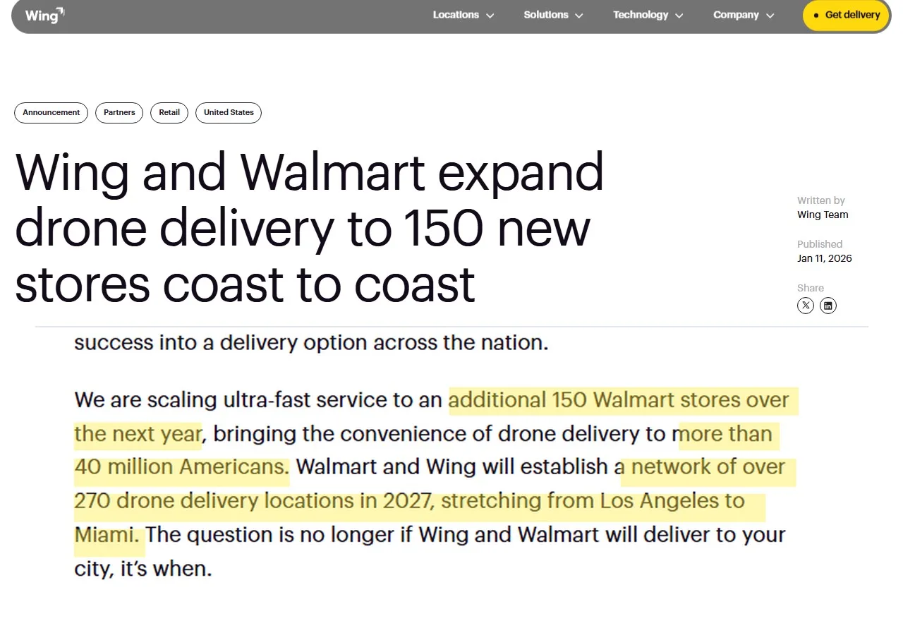 Anúncio oficial da Wing de 11 de janeiro de 2026 com as 150 novas lojas do Walmart e a rede de mais de 270 locais de entrega por drone em 2027