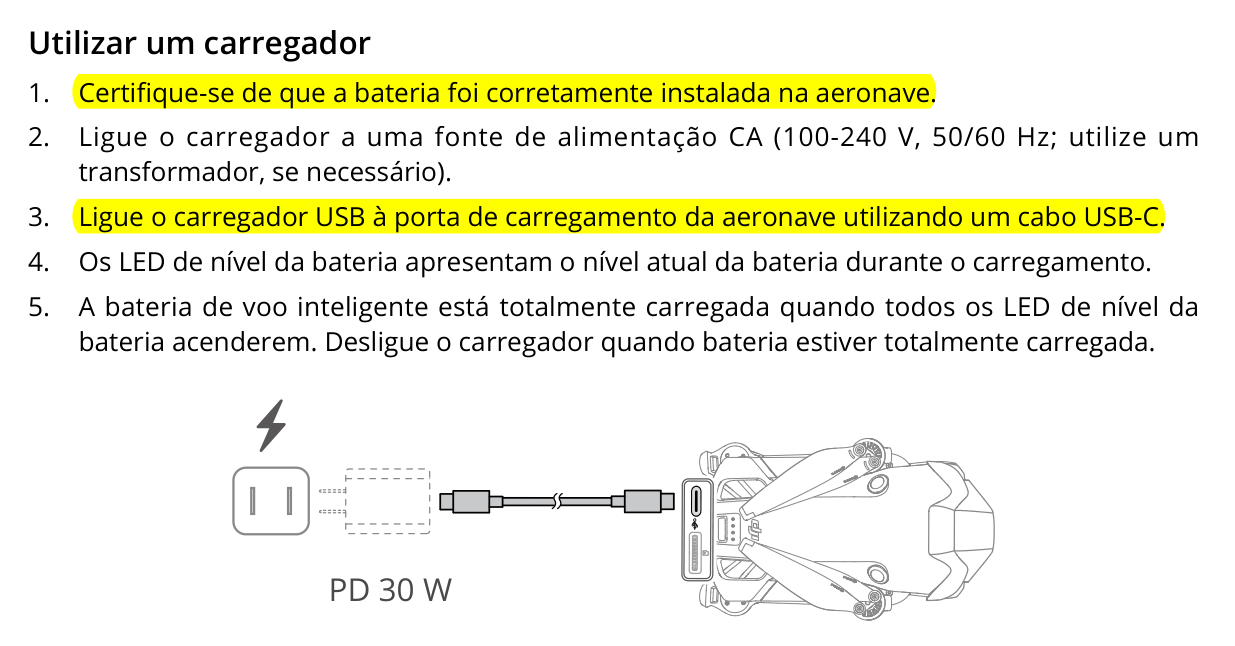 Trecho do manual oficial do DJI Mini 4 Pro com o passo a passo de carregamento pela porta USB-C da aeronave e a ilustração do drone conectado ao carregador PD 30 W