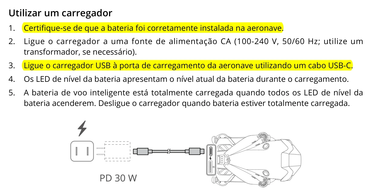 Trecho do manual oficial do DJI Mini 4 Pro com o passo a passo de carregamento pela porta USB-C da aeronave e a ilustração do drone conectado ao carregador PD 30 W