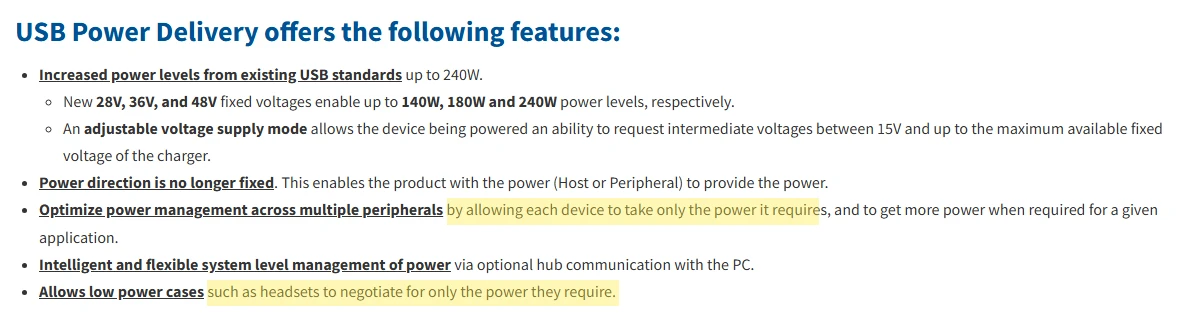 Trecho da página oficial do USB-IF sobre USB Power Delivery destacando que cada dispositivo puxa apenas a energia de que precisa