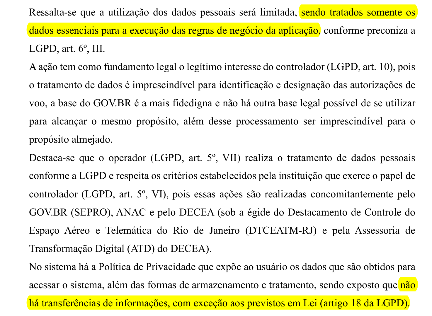 Trecho do RIPD do SARPAS, documento oficial do DECEA, com destaque em amarelo para as frases sobre uso limitado de dados pessoais e ausência de transferências de informações