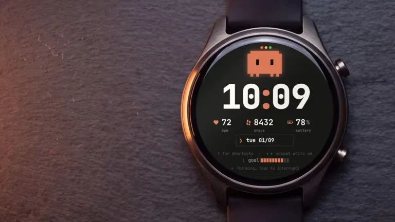 Watch face Claude Code acesa num relógio Garmin redondo AMOLED sobre ardósia escura