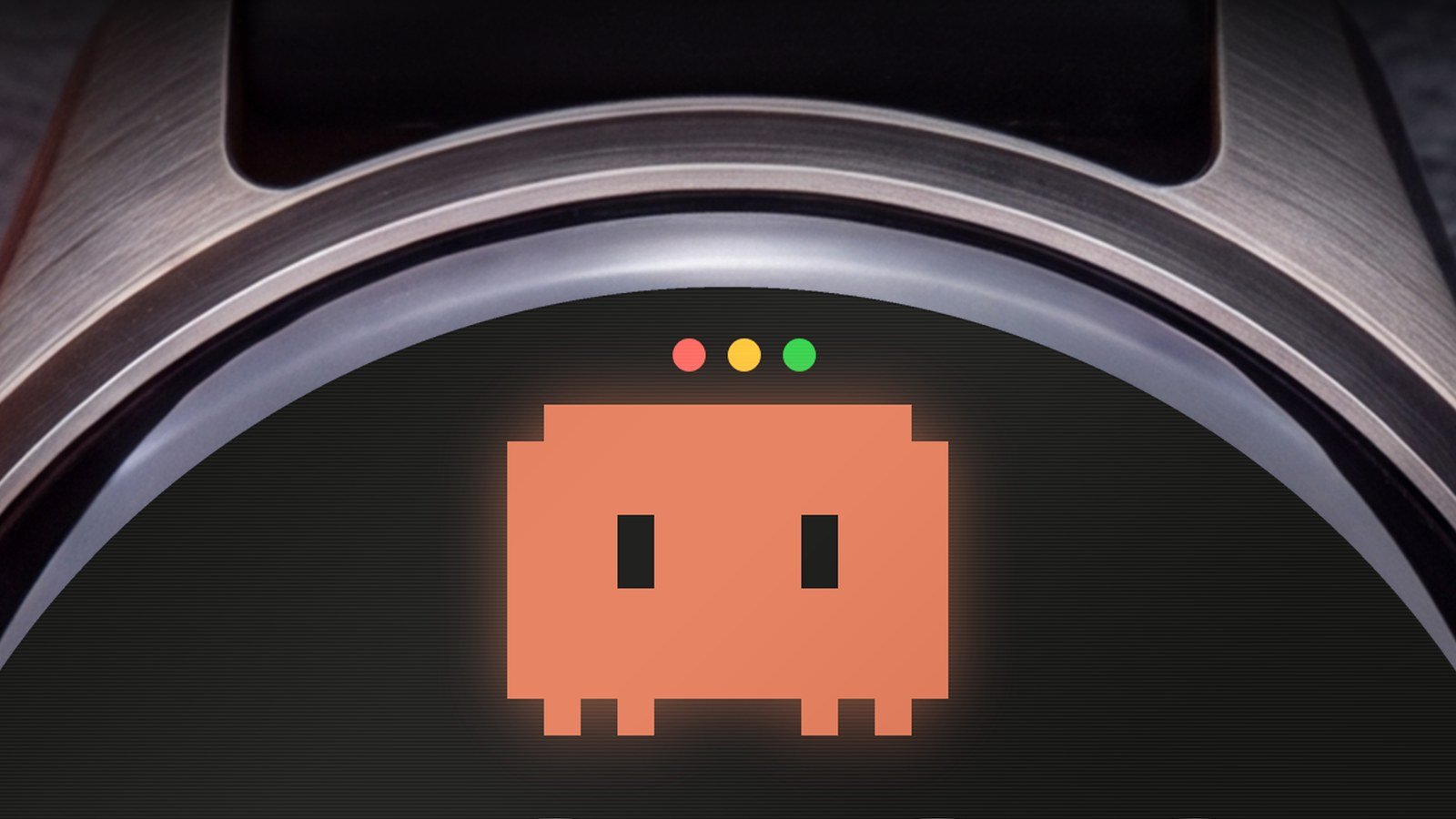 Close da watch face Claude Code no Garmin: Clawd em pixel art laranja com as três bolinhas de terminal
