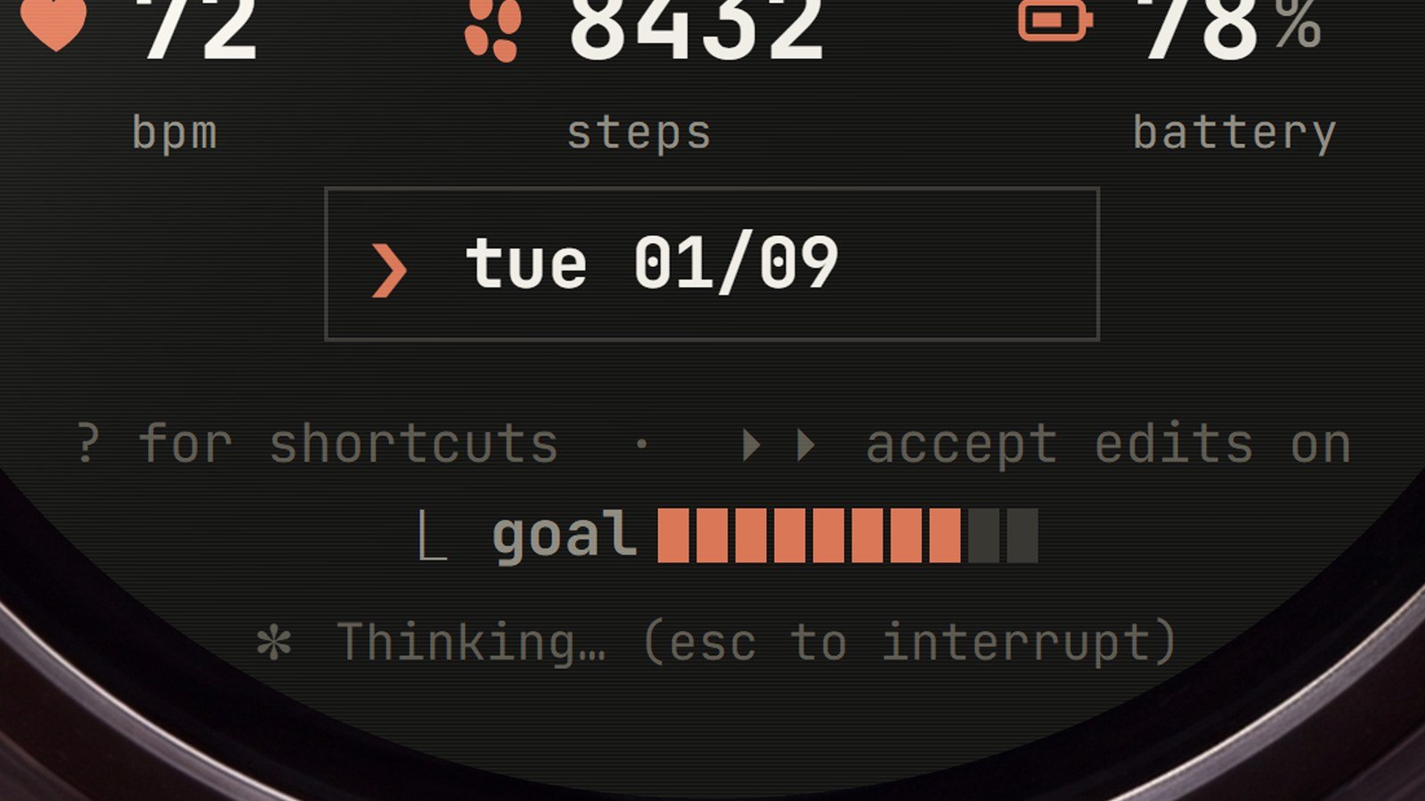Close da watch face Claude Code: data tue 01/09 dentro do prompt, linha de status, barra de meta em blocos e linha Thinking