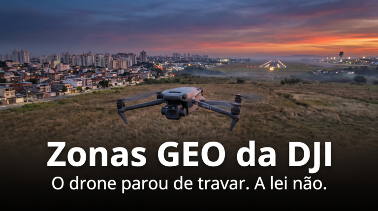 Drone DJI Mavic 3 pairando perto de uma cabeceira de pista ao entardecer, com a cidade ao lado