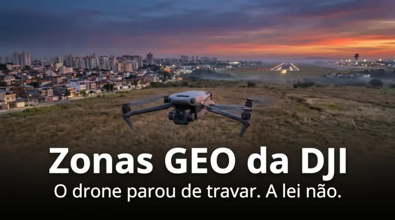 Drone DJI Mavic 3 pairando perto de uma cabeceira de pista ao entardecer, com a cidade ao lado