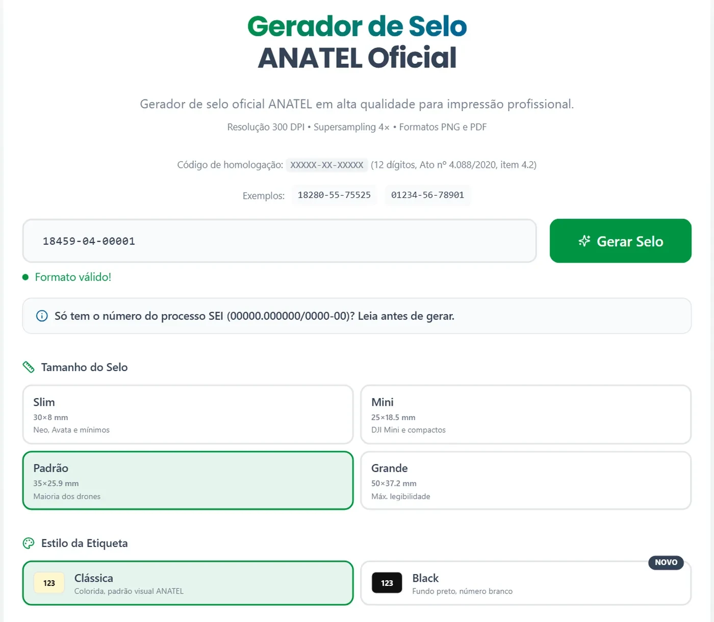 Formulário do Gerador de Selo ANATEL: número de homologação 18459-04-00001 digitado, quatro tamanhos e os estilos Clássica e Black