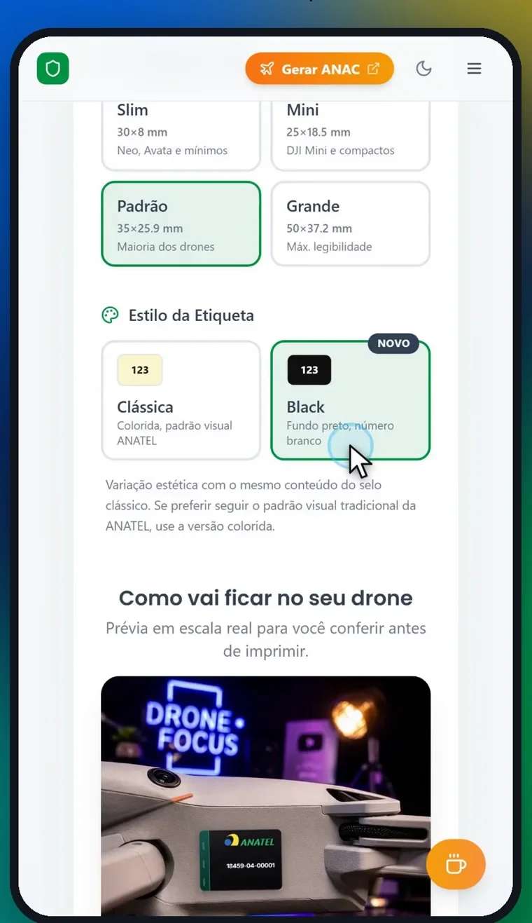 Gerador de Selo ANATEL aberto no celular, com o estilo Black selecionado e a prévia no drone