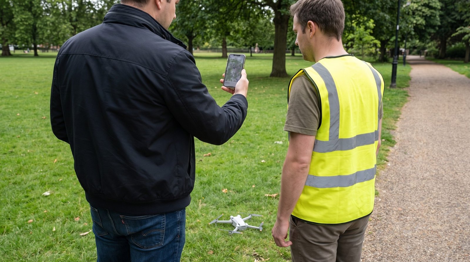 Piloto mostra a tela do celular ao fiscal com o drone pousado ao lado