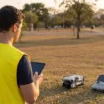 Fiscal de colete, de costas, diante de um drone pousado na grama