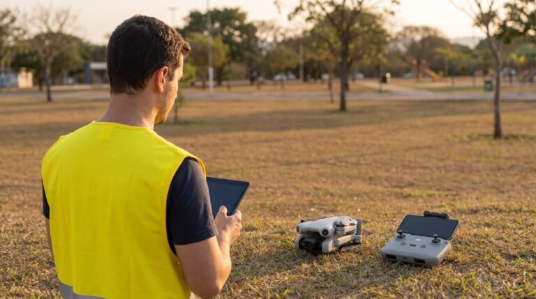 Fiscal de colete, de costas, diante de um drone pousado na grama
