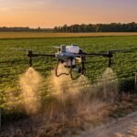 Drone agrícola pulverizando na borda de uma lavoura, junto à cerca do vizinho