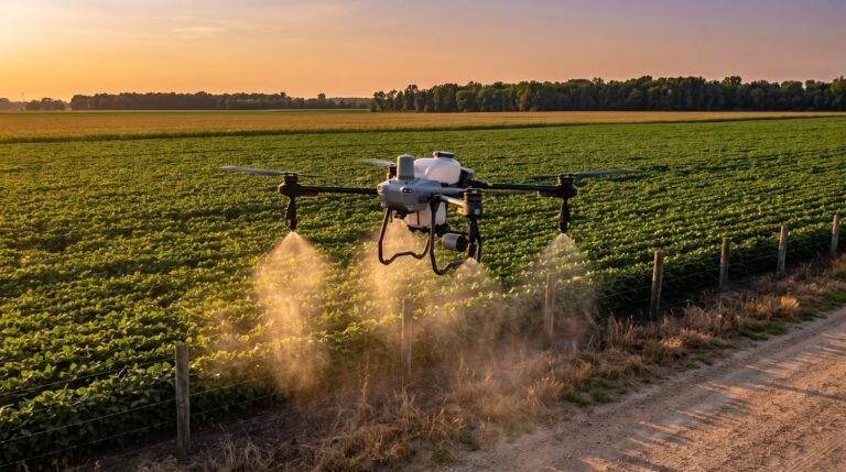 Drone agrícola pulverizando na borda de uma lavoura, junto à cerca do vizinho