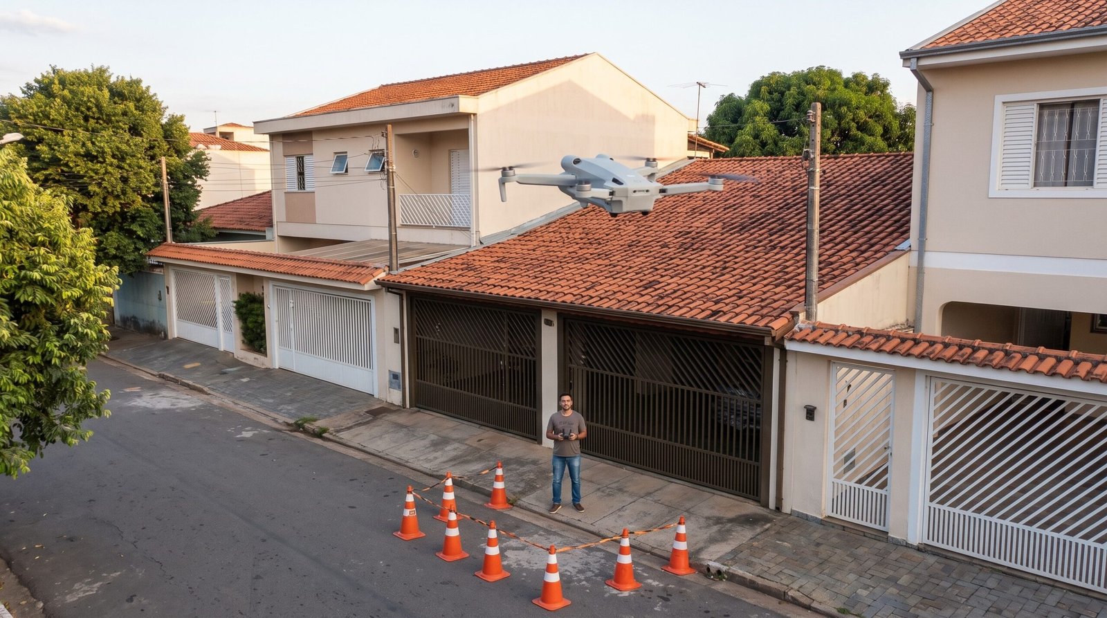 Drone sobre o telhado de uma casa com o piloto na calçada e cones de sinalização