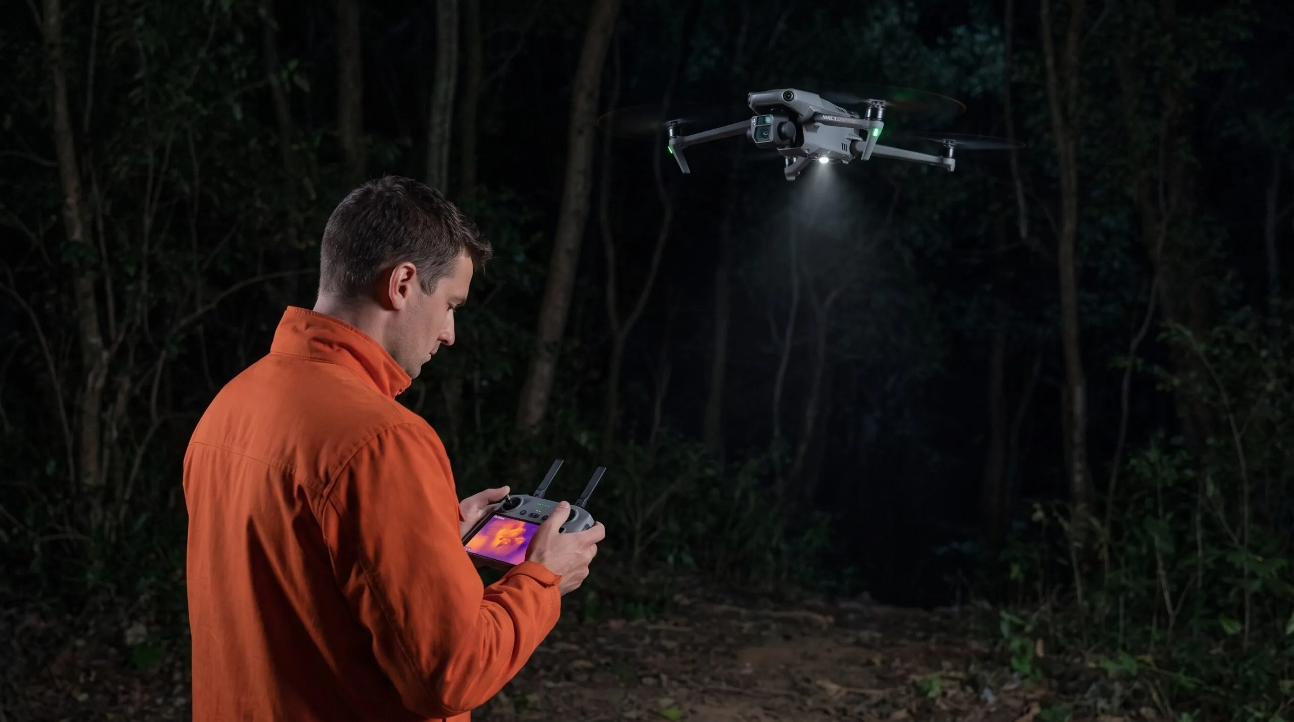 Socorrista olha a tela térmica do controle enquanto o drone paira com holofote aceso