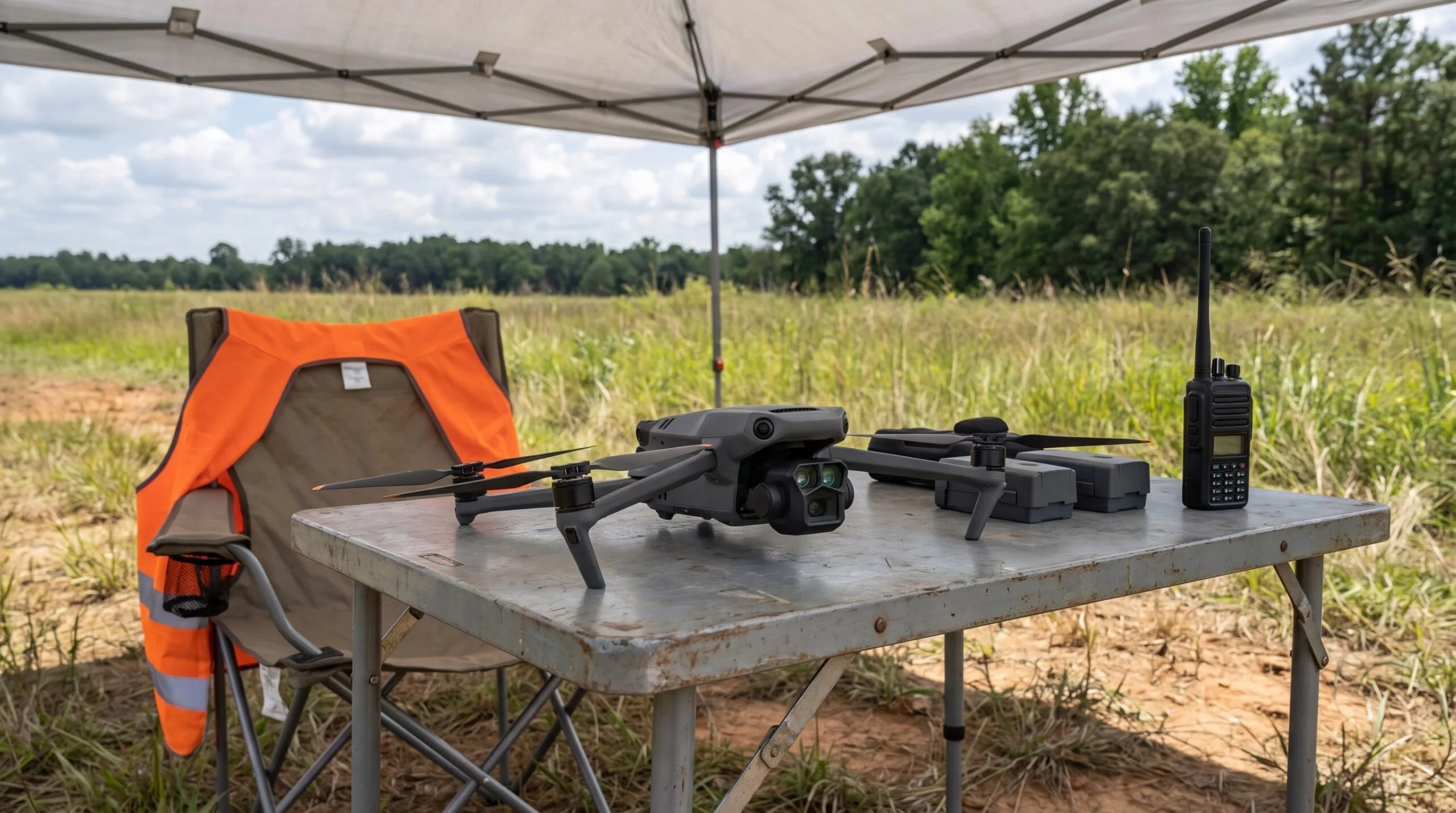Drone, baterias e rádio sobre a mesa do posto de comando