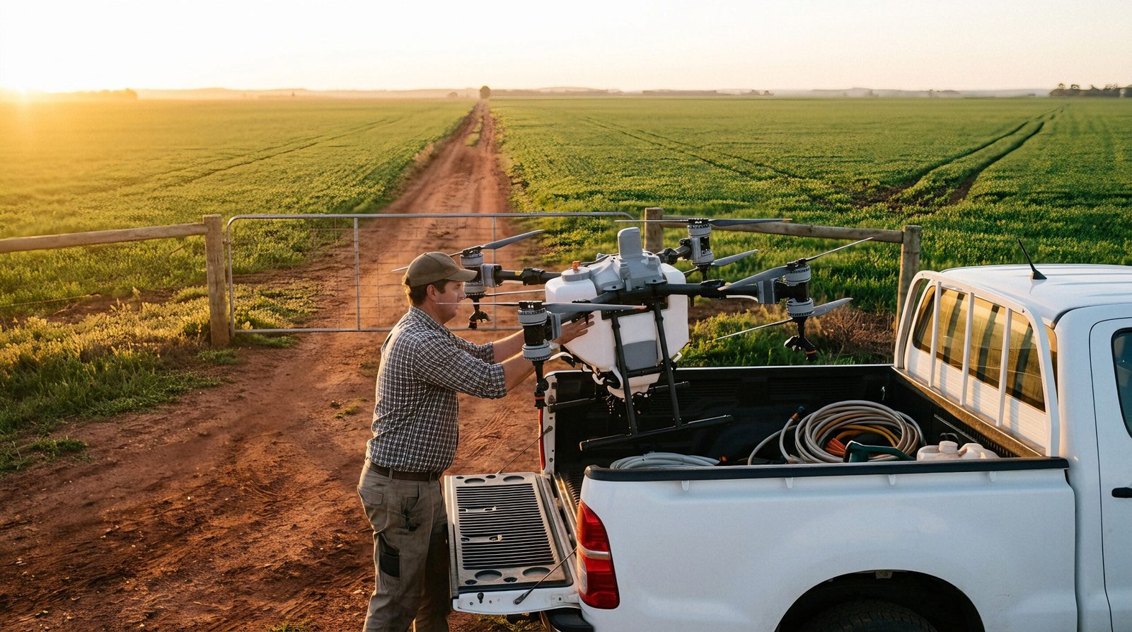 Aplicador carrega o drone agrícola na caçamba da caminhonete ao amanhecer