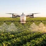 Drone agrícola pulverizando sobre lavoura de soja no fim da tarde