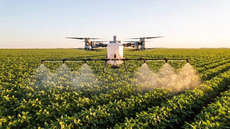 Drone agrícola pulverizando sobre lavoura de soja no fim da tarde