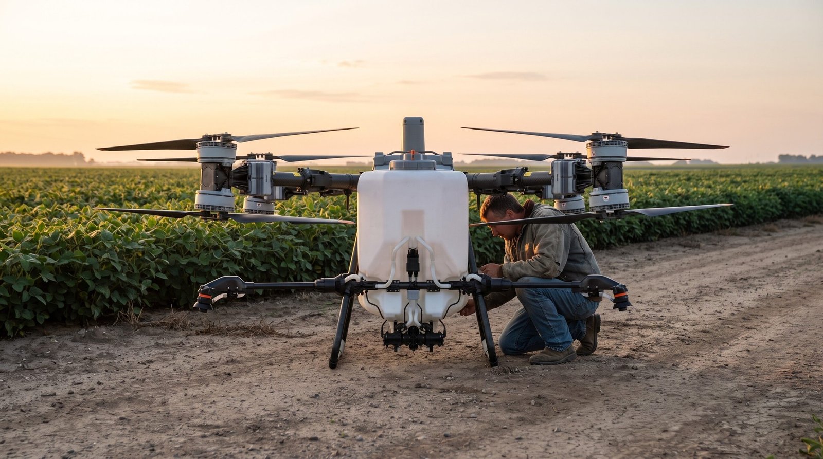 Drone agrícola estacionado na estrada de terra ao lado da lavoura, com o aplicador conferindo o tanque