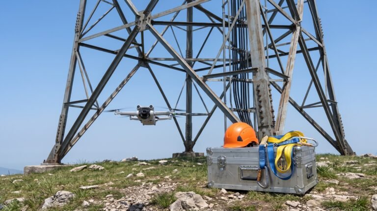 Drone pairando na base de uma torre com capacete e cinto de segurança ao lado