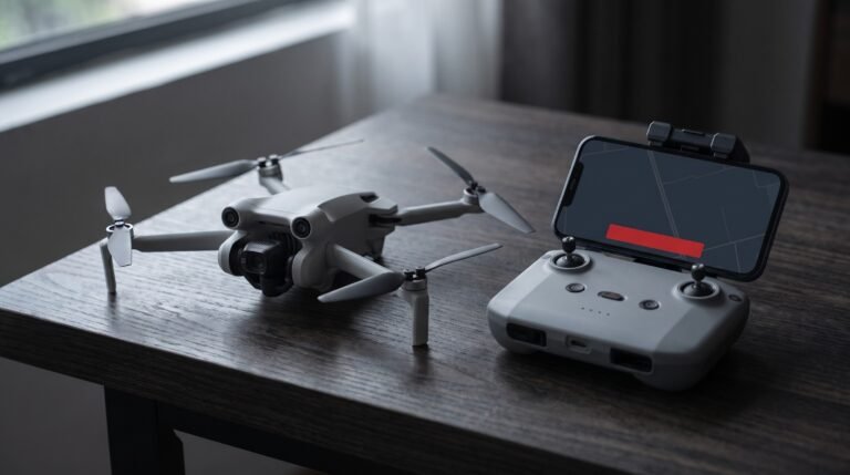 Drone sobre a mesa ao lado do controle com o celular mostrando um aviso vermelho na tela
