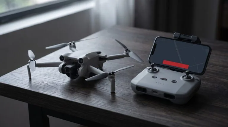 Drone sobre a mesa ao lado do controle com o celular mostrando um aviso vermelho na tela