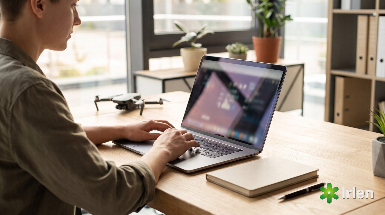 Profissional trabalhando em laptop com tela sem conteúdo legível
