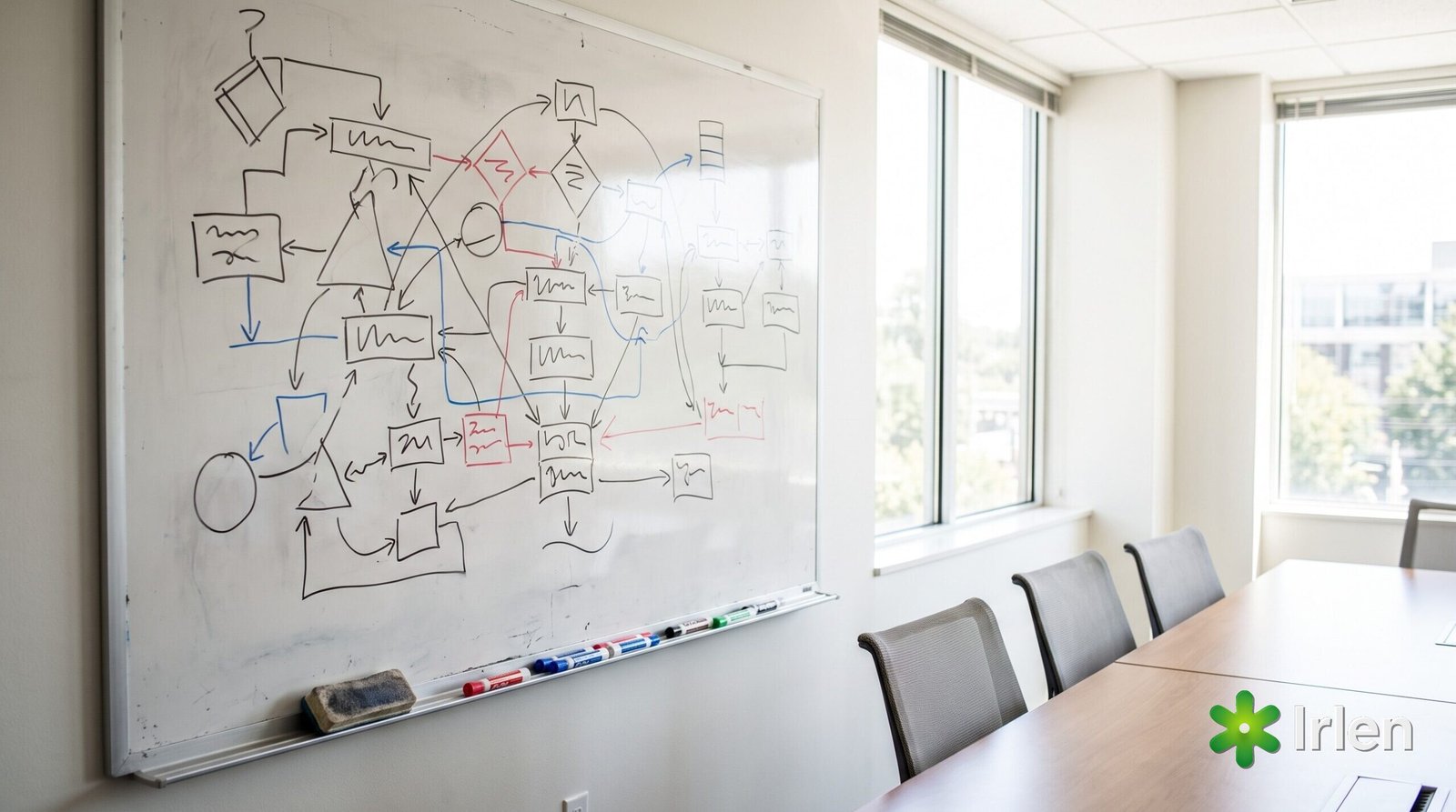 Quadro branco com diagramas abstratos em sala de reunião