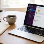 Notebook aberto em uma mesa de trabalho com interface abstrata na tela