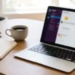 Notebook aberto em uma mesa de trabalho com interface abstrata na tela