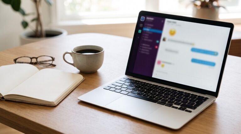 Notebook aberto em uma mesa de trabalho com interface abstrata na tela