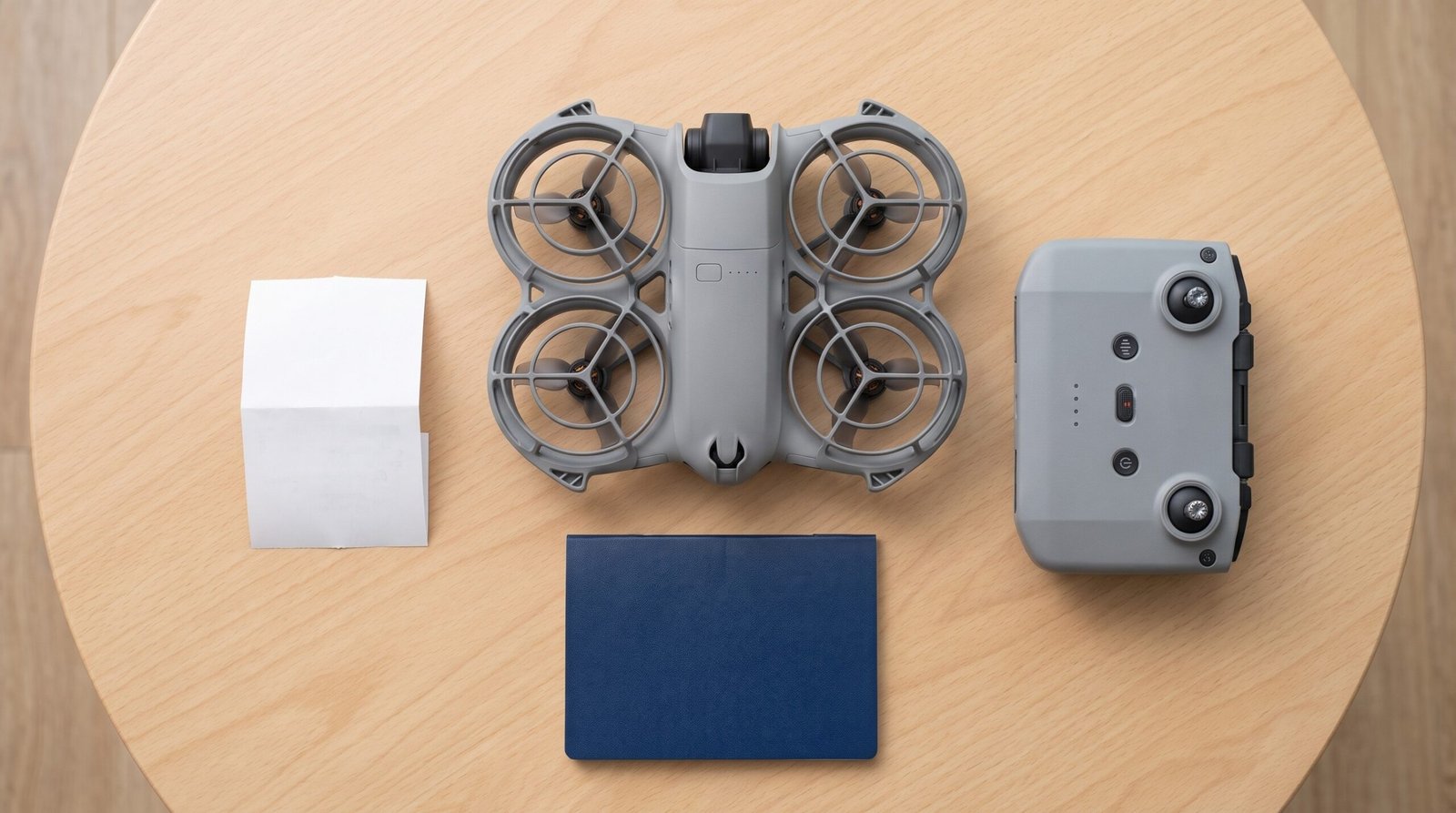 Drone dobrado, controle, passaporte e recibo dobrado sobre a mesa