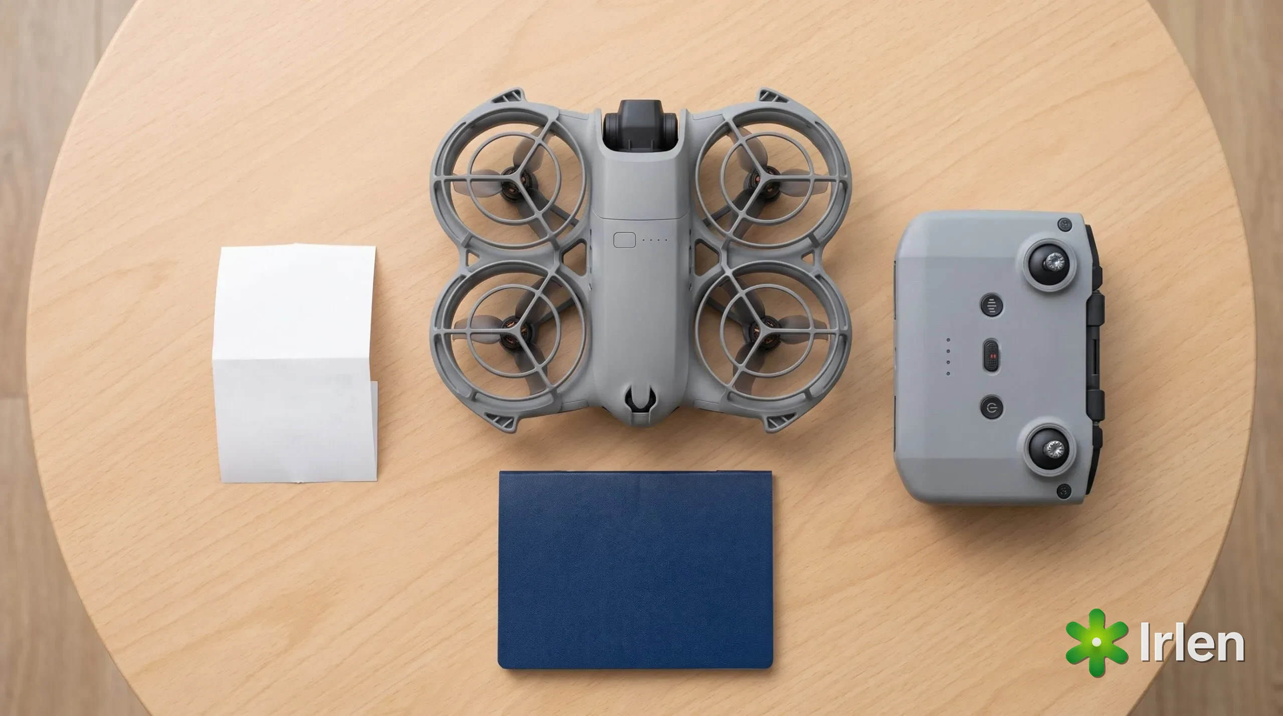 Drone dobrado, controle, passaporte e recibo dobrado sobre a mesa