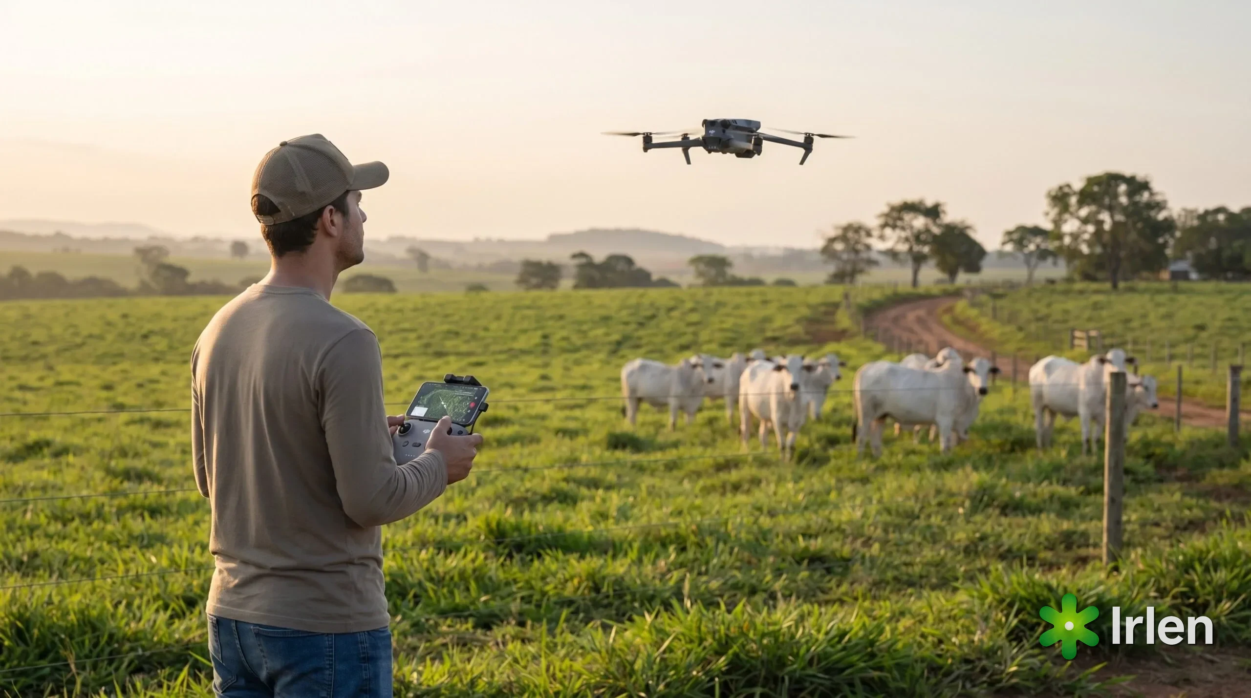 Piloto de drone no pasto segurando o controle com celular acoplado, com o drone no ar e gado nelore ao fundo