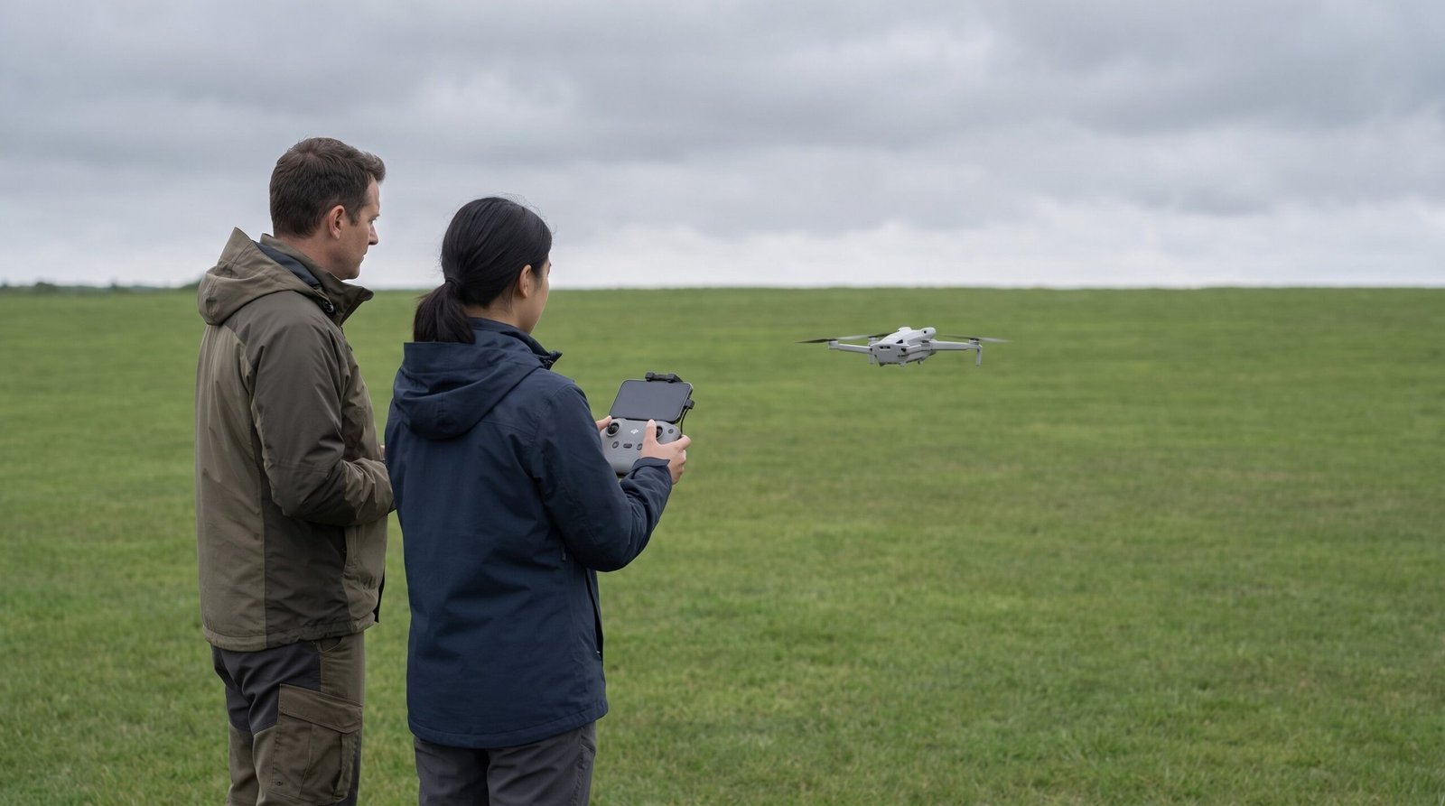 Instrutor e aluno de costas acompanham um drone pairando no campo