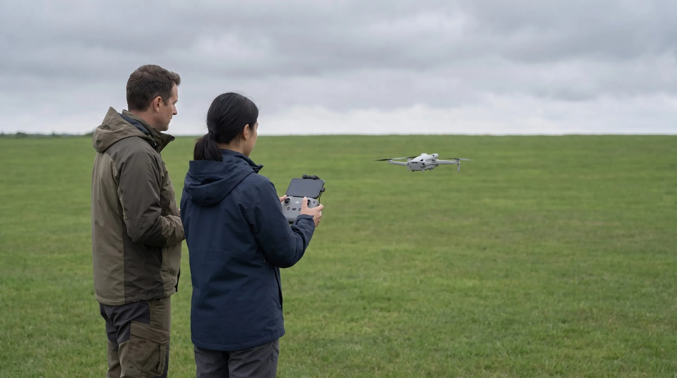 Instrutor e aluno de costas acompanham um drone pairando no campo