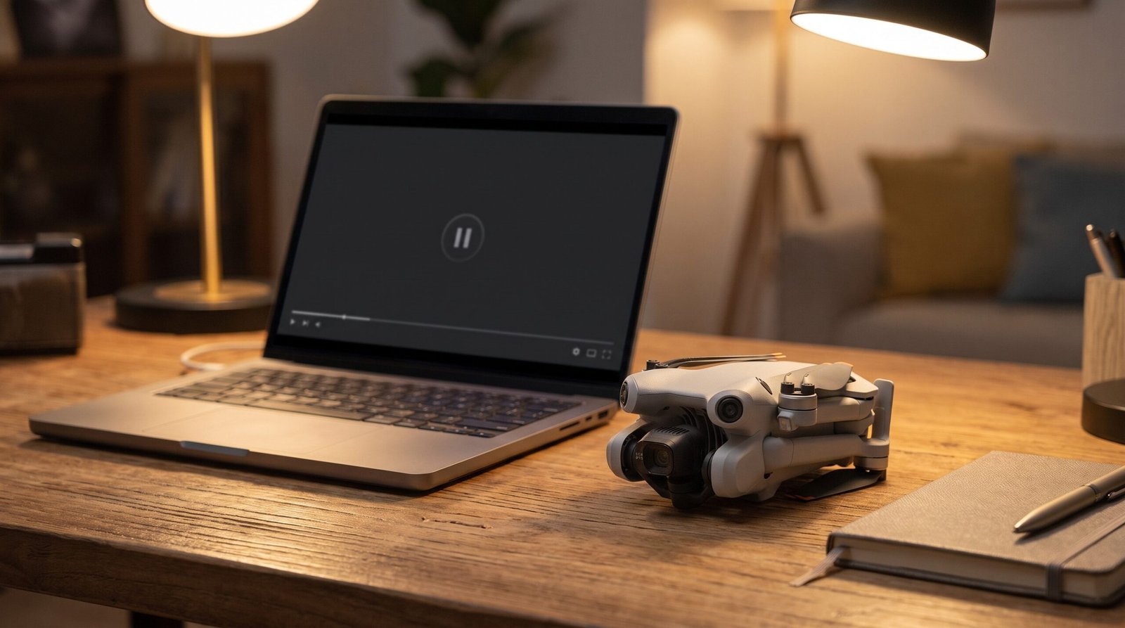 Notebook com aula em vídeo pausada ao lado de um drone dobrado e um caderno