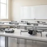 Drones pequenos sobre carteiras de uma sala de aula vazia