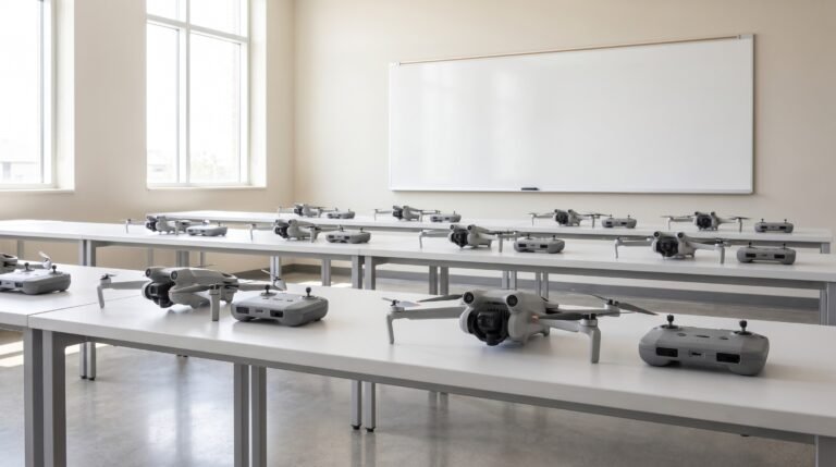 Drones pequenos sobre carteiras de uma sala de aula vazia