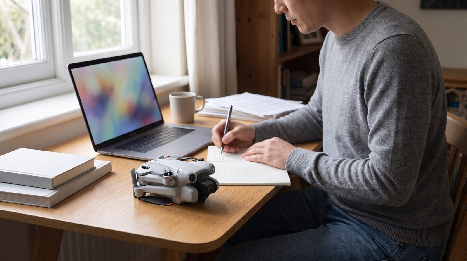 Pessoa estuda em casa no notebook com o drone dobrado sobre a mesa