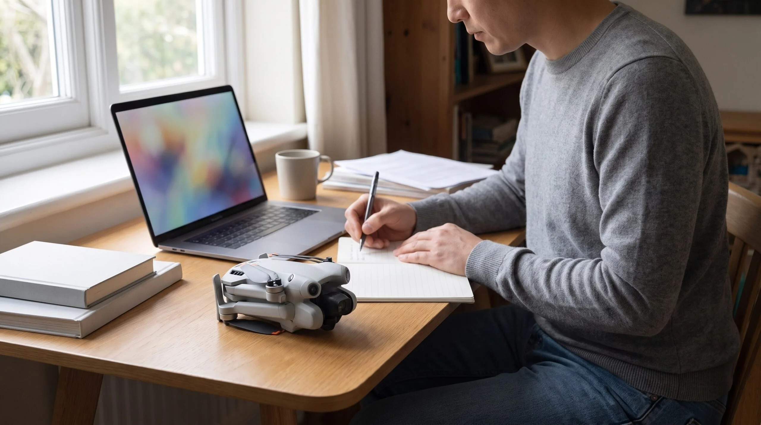 Pessoa estuda em casa no notebook com o drone dobrado sobre a mesa