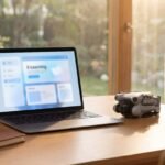 Notebook aberto com curso online e um drone dobrado ao lado, sobre a mesa